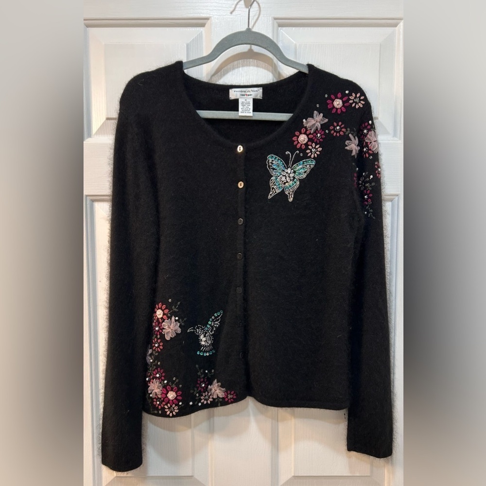 PRESTON & YORK Angora Wool Cardigan Sweater Sz M Embroidered Beaded Floral